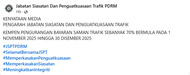 KENYATAAN MEDIA PENGARAH JABATAN SIASATAN DAN PENGUATKUASAAN TRAFIK