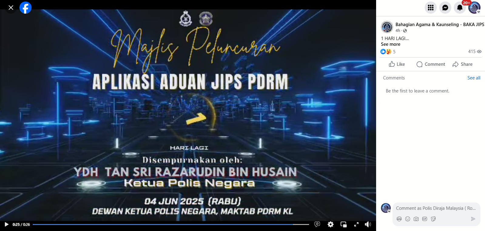 Hebahan Countdown Sempena Majlis Peluncuran Aplikasi Aduan Jips Pdrm 1 Hari Lagi