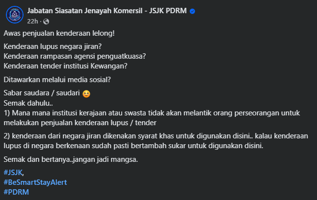Posting Pilihan Scam Alert Awas Penipuan Jualan Kenderaan Lelong