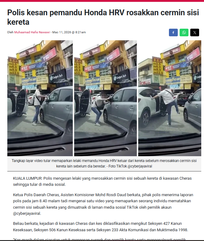 Artikel Pilihan Isu Tular Polis Kesan Pemandu Honda Hrv Rosakkan Cermin Sisi Kereta