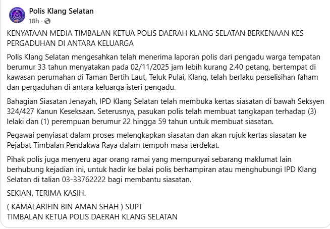 Isu Tular Kenyataan Media Timbalan Ketua Polis Daerah Klang Selatan